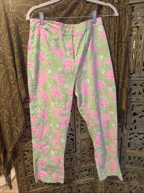 Lilly Pulitzer Pink Bunny Floral Pants on Pastel Green